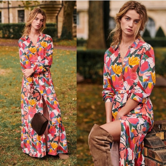 Sezane Delphina Dress Printed Flowers Naives Silk Shirtdress Size